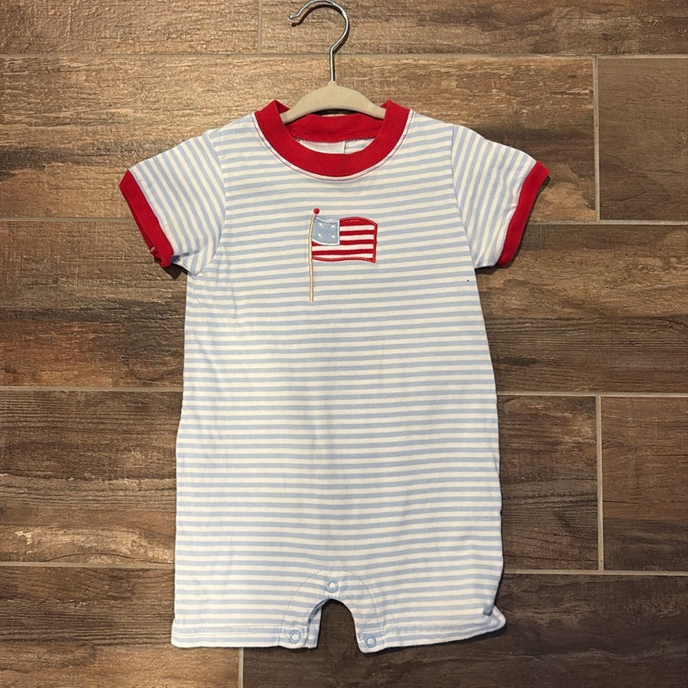 Little English Red and Blue Striped Baby USA Flag Applique Romper